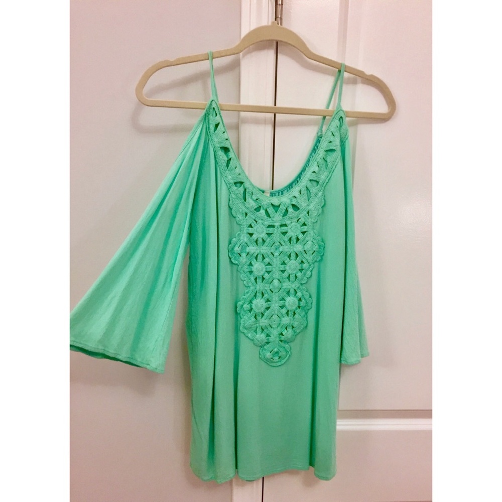 Seafoam Green Cold Shoulder Dress w/ Lace Detail